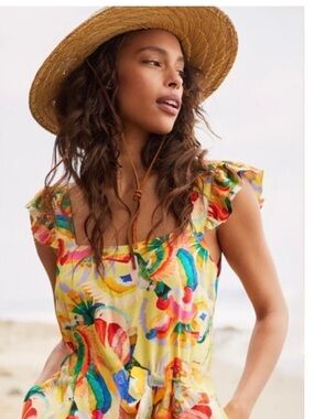 FARM RIO Tropical Bird Print Square Neck Sleeveless Ruffle Strap Babydoll‎ Top S